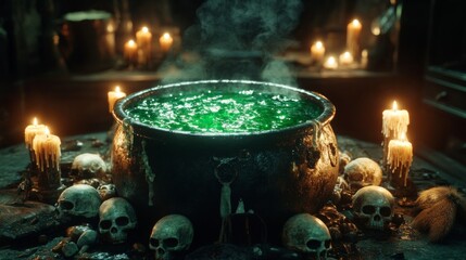 A Cauldron of Green Potion with Steam and Surrounding Skulls and Candles