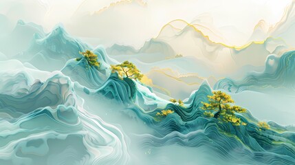 Traditional colorful 3d mountains and rivers poster background
