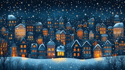 Snowy Night in a Quaint Town with Illuminated Windows