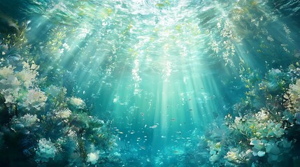Obraz premium Sunbeams illuminate a vibrant underwater scene with white flowers and shimmering fish.