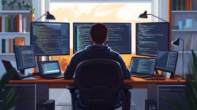A Programmer Working on Multiple Computer Screens