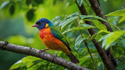 Obraz premium A Multicolored Bird Perched on a Branch in Lush Green Foliage