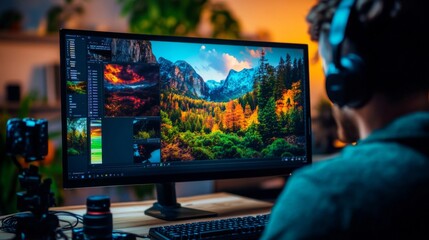 A Man Editing a Landscape Photograph on a Computer