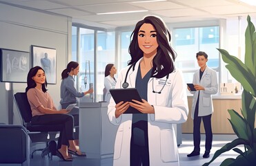 Fototapeta premium Portrait of a female doctor standing with a digital tablet in a hospital office, looking at the camera and smiling
