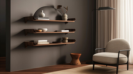 Modern reading corner with floating shelves and wooden chair in a cozy space
