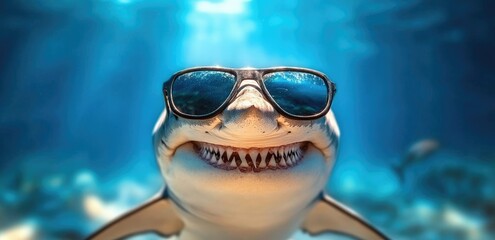 Fototapeta premium A shark wearing sunglasses, smiling at the camera, with an ocean background