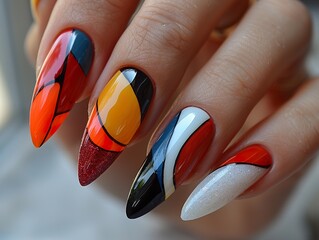Geometric Abstract Nail Art Design: Colorful Manicure Ideas for Long Nails