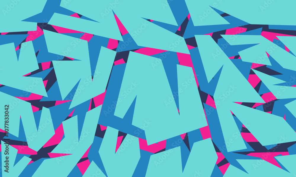 Poster a vibrant, abstract pattern with sharp, angular shapes in blue, pink, and black, creating a dynamic 