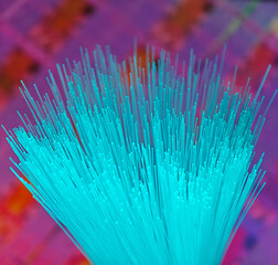 optical fibres dinamic flying from deep on technology background