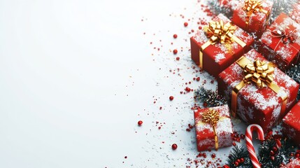 Festive Christmas Background with Red Gift Boxes, Snow, and Candy Cane on White Surface for Holiday Celebrations
