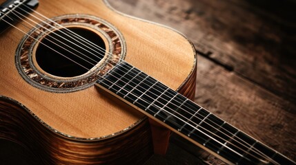 Obraz premium Acoustic Guitar on Wooden Surface