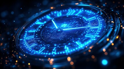 Glowing Blue Clock Face with Roman Numerals and a Digital Pattern
