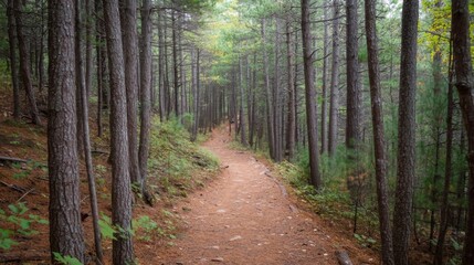 Obraz premium Winding Path Through a Dense Forest of Tall Pine Trees