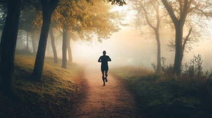 Runner Silhouette in a Misty Forest Path