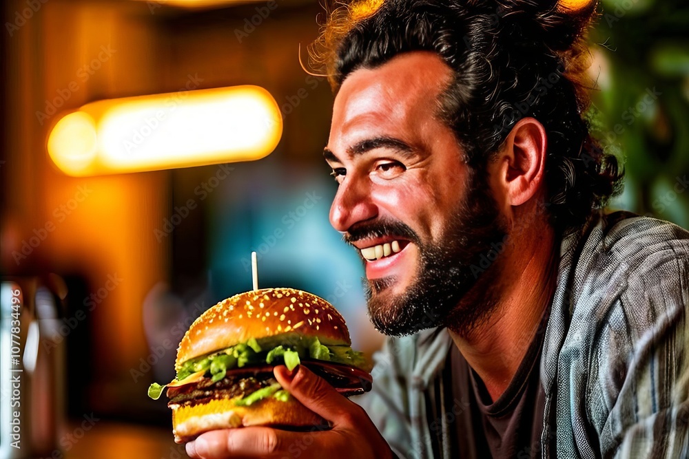 Poster man taking a bite of a juicy burger with a satisfied expression