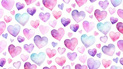 A whimsical pattern of watercolor hearts in shades of pink, purple, and blue, creating a delicate and romantic design.
