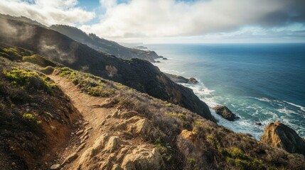 Fototapeta premium Coastal Trail Winding Through Rugged Hills and Ocean Views
