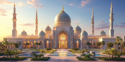 Majestic Mosque with Intricate Detailing and Lush Palm Trees