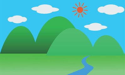  Green Landscape, Mountains, River, Sunny Day