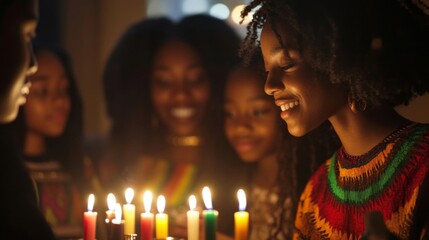 Young woman smiling at candles with family in the background