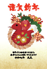 デザイナーズしめ飾りの巳年年賀はがき、年賀状、赤蛇、かわいい、イラスト、ロゼッタ椿