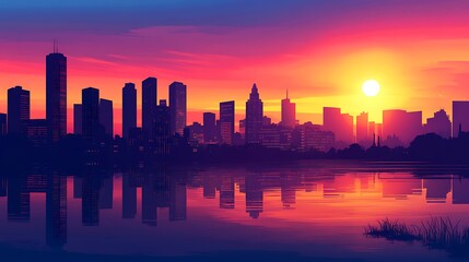 Cityscape silhouette reflected in water at sunset.