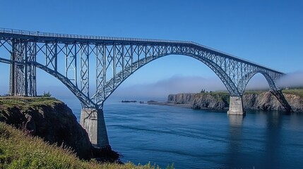 Obraz premium A large steel arch bridge spans a calm body of water under a clear blue sky.