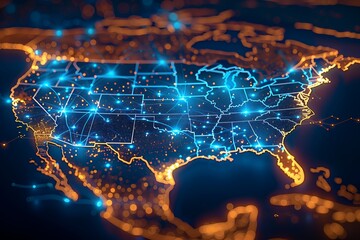 A glowing digital map of the United States, showcasing interconnected cities and a network of data flow.