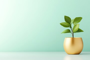 Minimalist Green Plant in Gold Pot on Light Green Background.