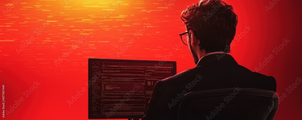 Poster a silhouette of a person wearing glasses, facing a computer screen aglow with red light, creating a 