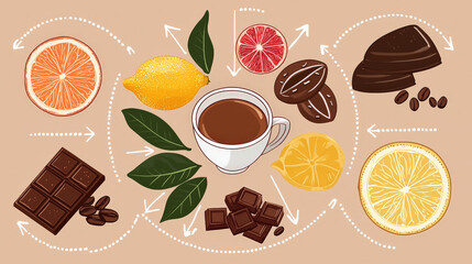 vibrant infographic featuring coffee, chocolate, and citrus fruits like lemon and orange, showcasing their delightful combinations