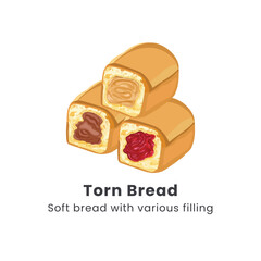 Hand drawn vector illustrator of Roti sobek or Torn bread or Roti kasur. Soft bread filled with chocolate, cheese, jam and nuts