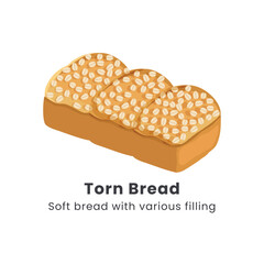 Hand drawn vector illustrator of Roti sobek or Torn bread or Roti kasur. Soft bread filled with chocolate, cheese, jam and nuts