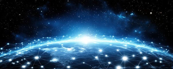 Obraz premium A digital representation of Earth surrounded by a starry cosmos and interconnected lines.