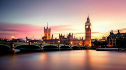 Fototapeta premium The Houses of Parliament and Big Ben in London at sunset, with the River Thames in the foreground.