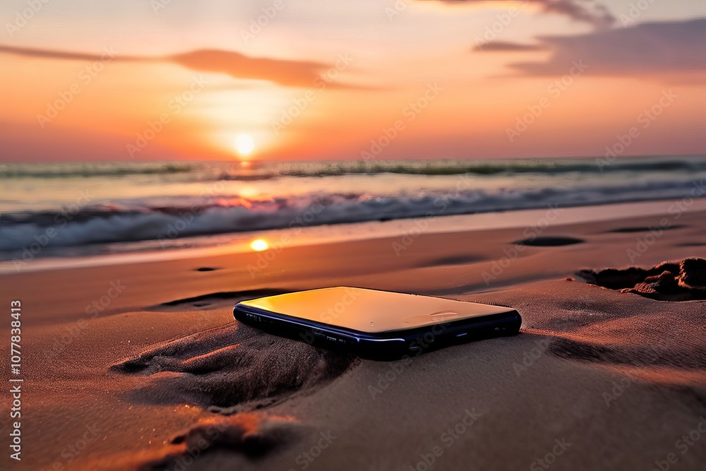 Poster phone at the beach lying on the beach not enjoying the view but