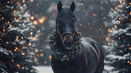 Beautiful black horse wearing christmas wreath against blurred snowy landscape. New Year and Christmas celebration. Funny festive pet. Horse riding, equestrian sport. Activity in winter holidays