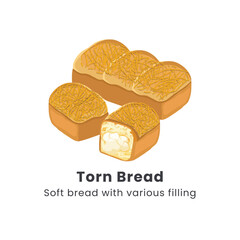Hand drawn vector illustrator of Roti sobek or Torn bread or Roti kasur. Soft bread filled with chocolate, cheese, jam and nuts