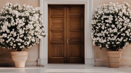 Romantic wedding venue with floral ceremony concept. A beautifully adorned entrance featuring large flowering plants flanking a double wooden door, creating a welcoming atmosphere