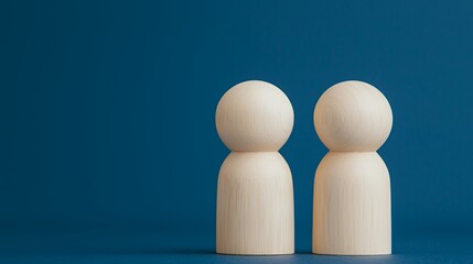 Two wooden figures standing side by side against a blue background.