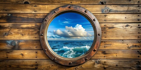 A weathered wooden panel with a round porthole revealing a seascape with a dramatic sky and foamy waves.