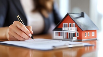 Close-up of a woman's hand signing a document with a model house in the background.