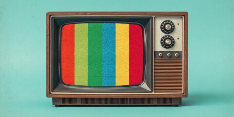 Quantum Colors A retro TV flickers with erratic static framing vibrant alternating color bars that create a playful juxtaposition of order and chaos reminiscent of lazy weekend