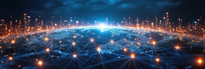 Obraz premium Digital representation of a global network with glowing connections and data points.