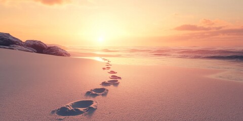 Obraz premium A peaceful morning walk on the beach, with footprints in the sand and the sunrise welcoming the New Year,space for text