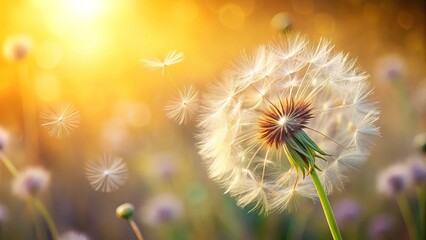 Dandelion Wishes in a Golden Meadow, Sunlight Illuminating a Delicate Seedhead as It Releases Its Seeds on the Gentle Breeze