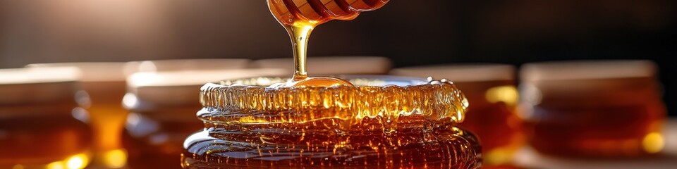 Golden Honey Dripping into Glass Jar with Sunlit Background, Perfect for Natural Sweetener, Beekeeping, Organic Food Enthusiasts, Pure Honey Lovers, and Culinary Uses