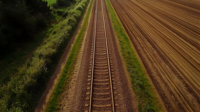 Aerial View of Train Tracks Between Farmland and Green Bushes Photo