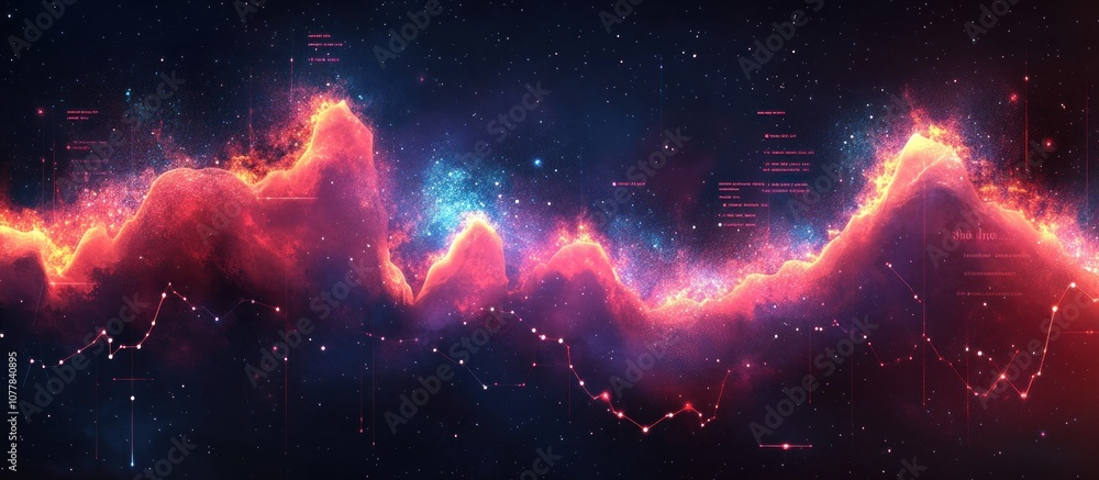 Poster abstract digital galaxy with red and blue nebulae resembling a chart or data visualization, against 