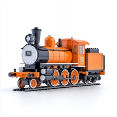 Fototapeta premium Orange steam locomotive toy train on tracks against a white background.